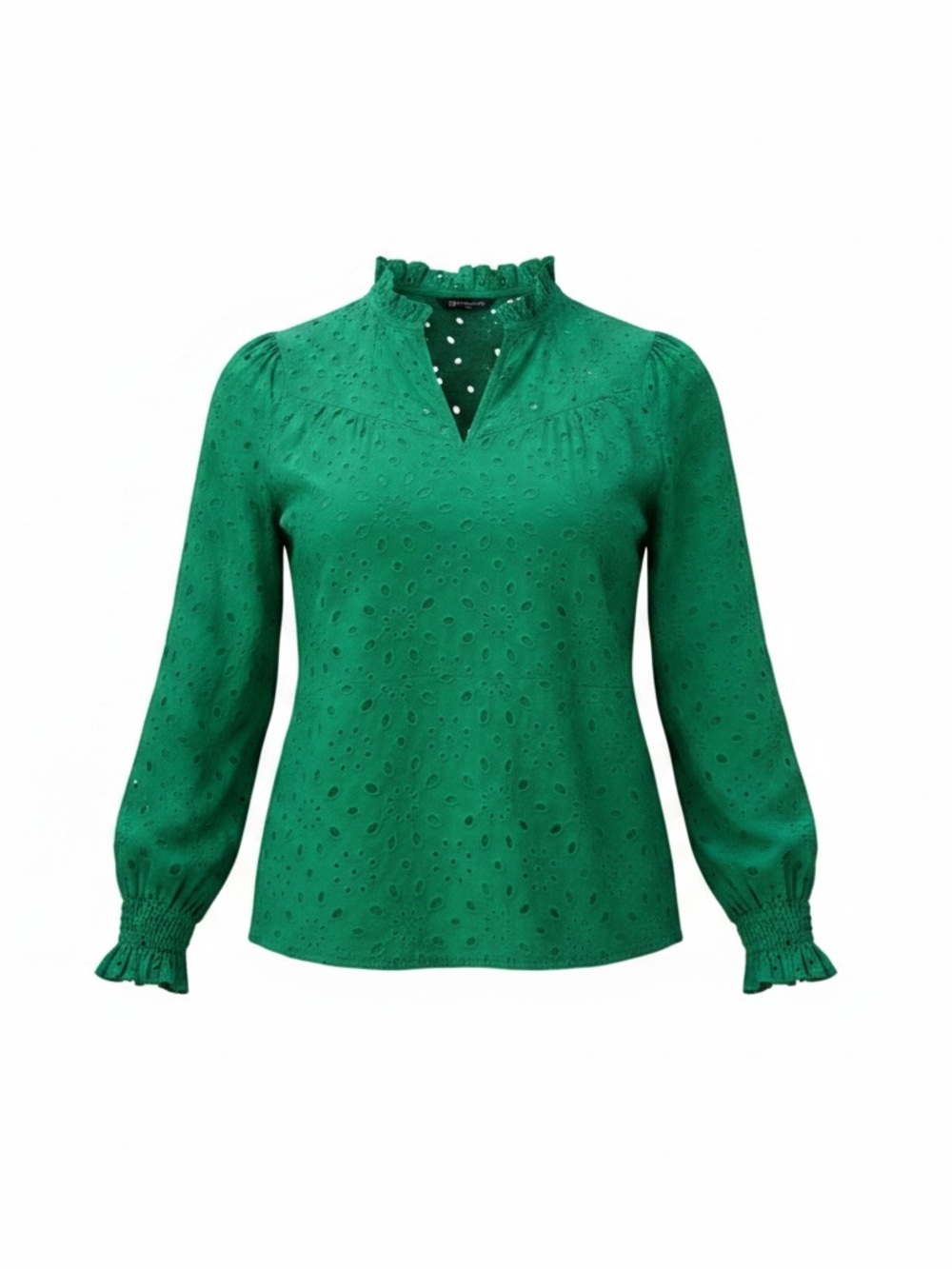 Women's Green Eyelet Ruffle Neck Blouse